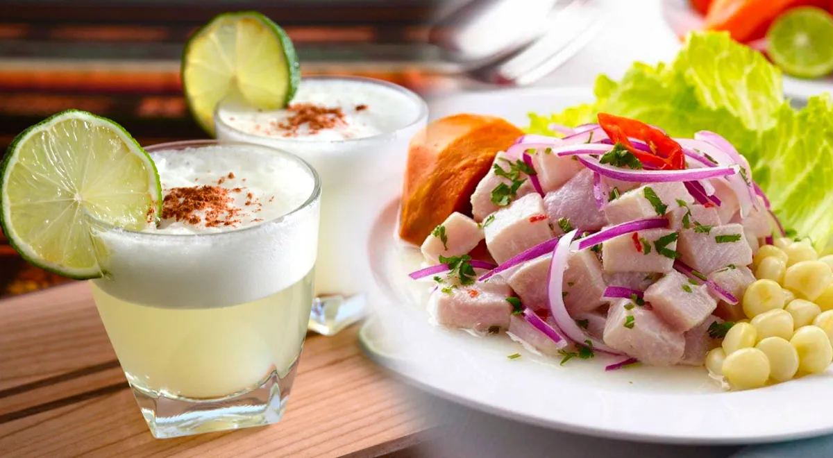 Ceviche y Pisco Sour en una mesa